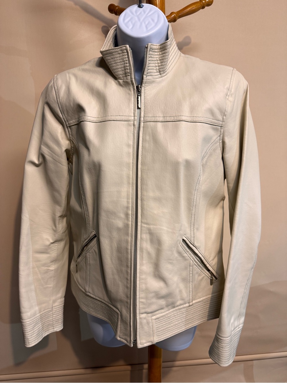 Vintage Bradley Bayou Cream Leather Zip-Front Women's Jacket Size XS Excellent
